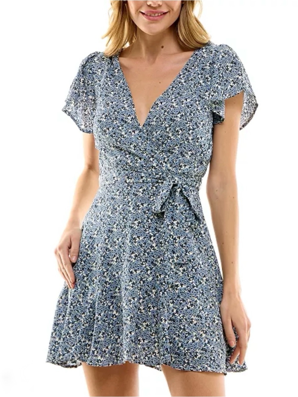 Trixxi Floral-Print Flutter-Sleeve Fit & Flare Cottagecore Mini Dress